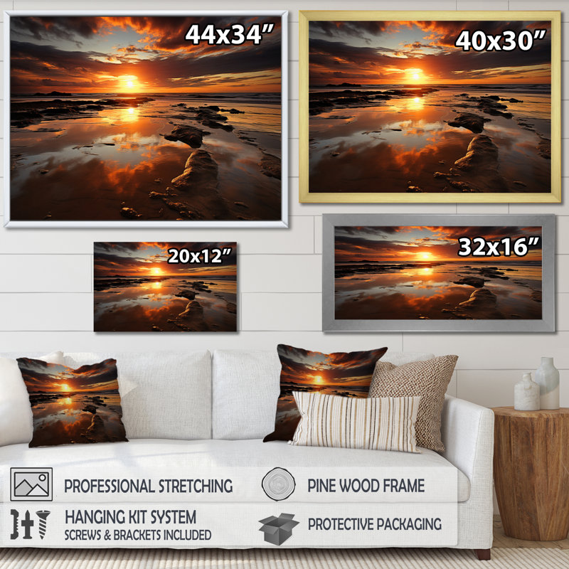 «Coastal Serenity At Sunset IV», reproduction d'art sur toile, H 34 po x l 44 po x P 1,5 po, Cadre photo blanc
