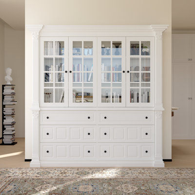 75'' 6-Drawer Symmetric Bookcase With Glass Doors