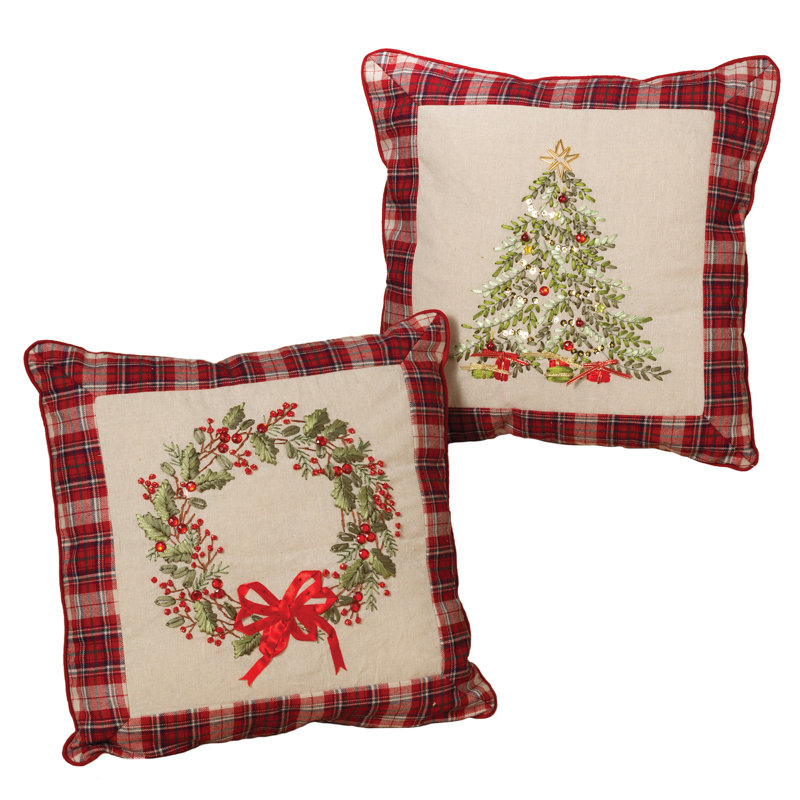 Set of 2 Embroidered Holiday Plaid Throw Pillows
