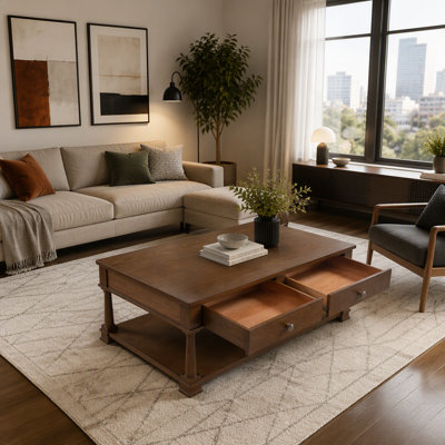 Farmhouse Wooden Coffee Table with 2 Storage Drawers & Lower Open Shelf, Rectangular Cocktail Table with Solid Wood Legs