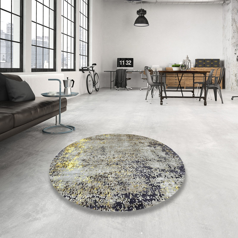 Tapis abstrait gris / jaune, Rond 4 pi