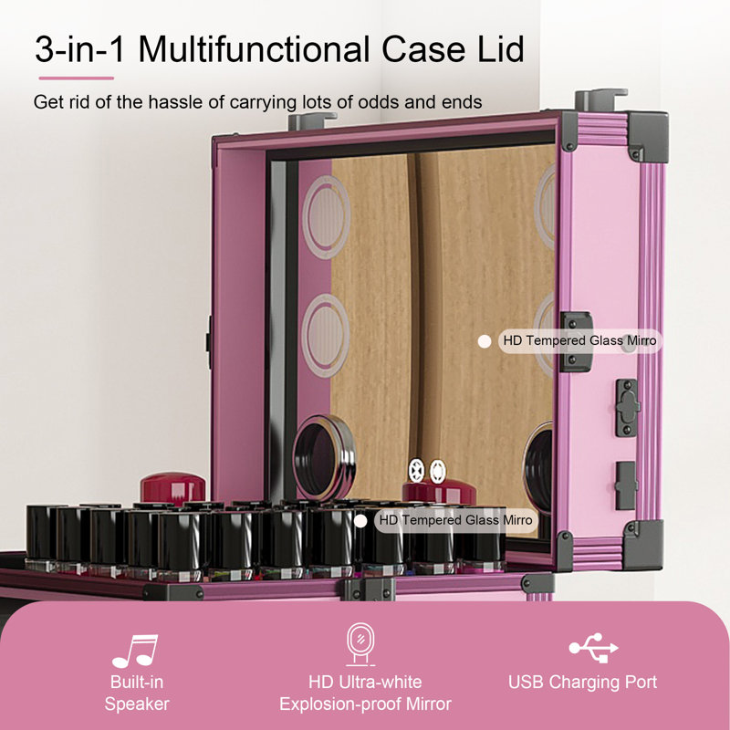 Table portable Nail Art avec miroir DEL, Bluetooth, tiroirs verrouillables, poteau télescopique - station de manucure pliante pour les salons