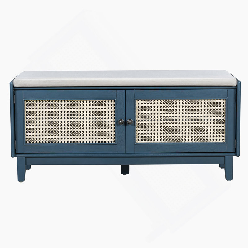 Banc de rangement en rotin avec rangement Boho, Bleu marine antique / beige