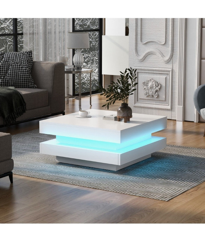 Table basse carrée 31,5 po x 31,5 po x 14,2 po - Design minimaliste ultrabrillant avec lumières DEL | Table de salon, Blanc