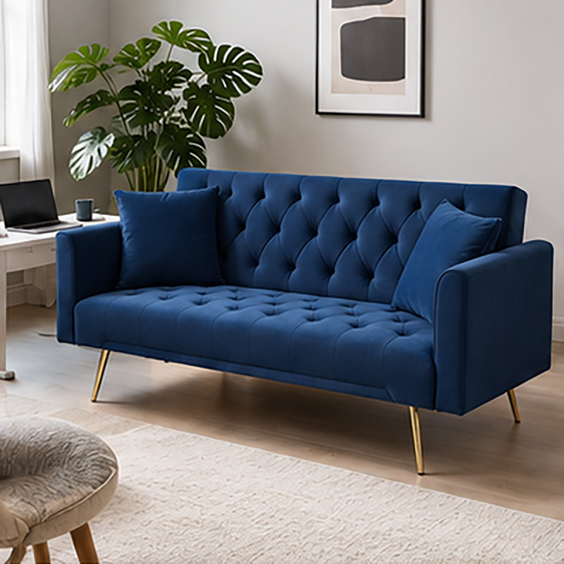 Thomias 71.01'' Velvet Convertible Sofa, Blue Velvet