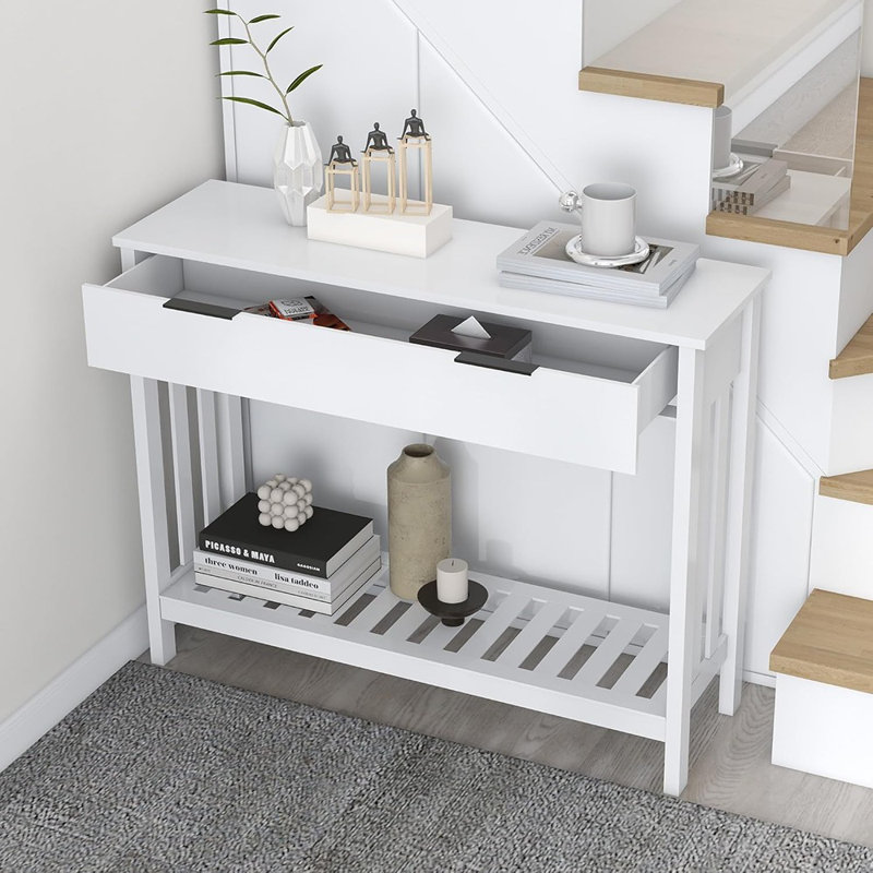 White Narrow Console Table With Storage Modern Wood Entryway Table With Drawer Hallway Table Sofa Tables For Living Room, Entrance Tables For Front Door Corridor, Office, White