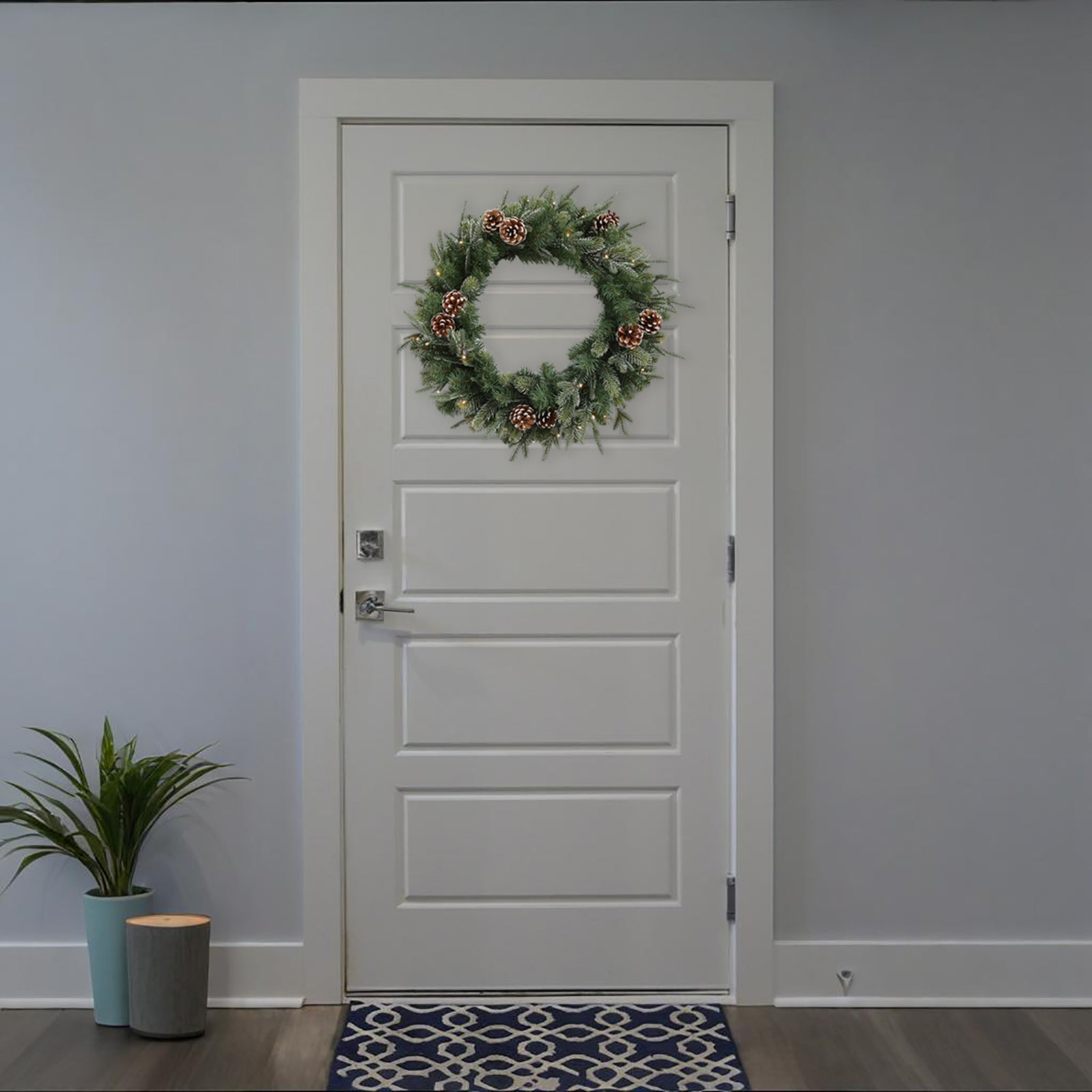 24" Artificial Large Winter Pre-Lit Wreath Farmhouse Cedar Christmas Wreath For Front Door With LED Lights