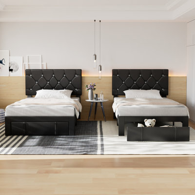 2 Pack Black Upholstered Headboard Adjustable Height Twin Size Platform Single Bed With Drawer
