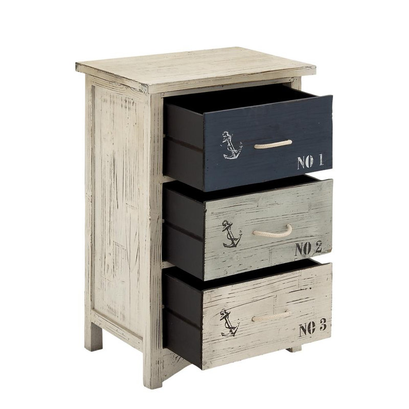 Petite commode en bois Filomena avec 3 tiroirs numérotés et poignées en corde