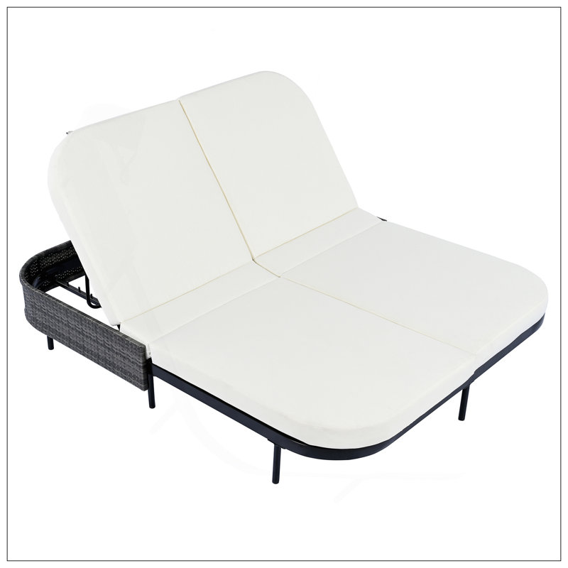 Outdoor Daybed, Patio Rattan Daybed With 5-Position Adjustable Backrest And Removable Cushions&Pillows, Iron Frame Outdoor Bed Loveseat For Garden, Backyard, Poolside (Black Frame+Beige Cushion)