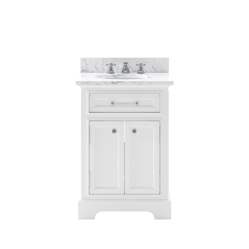Meuble-lavabo de comptoir en marbre blanc Carrara de 24 po avec robinet Derby, Blanc, Robinet inclus