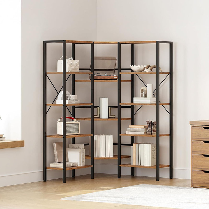 Bibliothèque de coin industrielle, bibliothèque en L à 5 niveaux, brun rustique et noir, étagère de rangement ouverte sur pied pour la maison et le bureau
