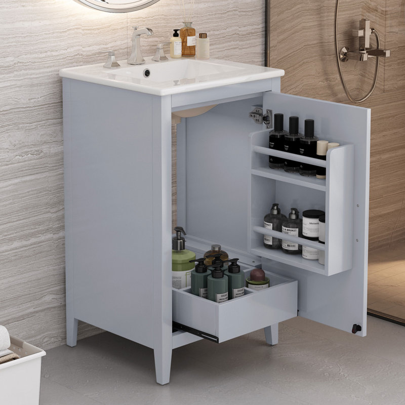Meuble-lavabo compact 20,3 po avec lavabo - porte, tiroir et tablette à fermeture en douceur - bois d'acacia et céramique