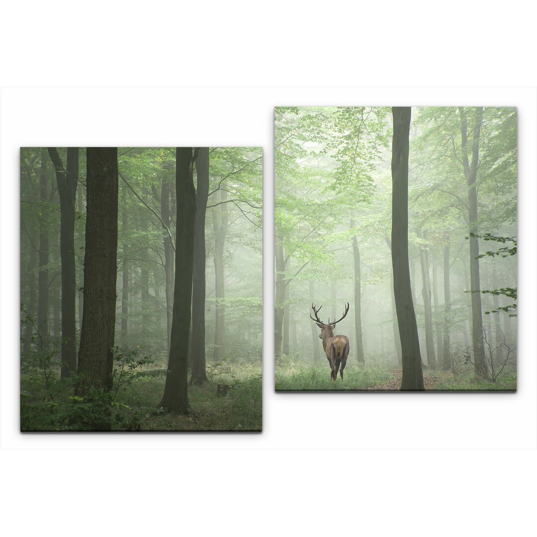 2-tlg. Leinwandbilder-Set Rehbock in einem Wald