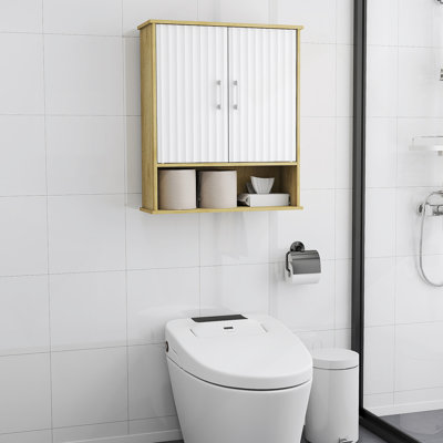 Armoire murale de salle de bain avec porte double, tablette inférieure, portes à motif ondulé, tablette intérieure réglable, installation facile, bois blanc et naturel