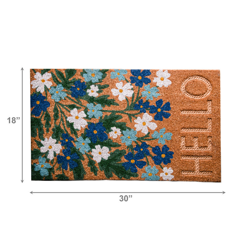 Tapis de porte en fibre de coco embossée bleu et blanc Blooms - Hello