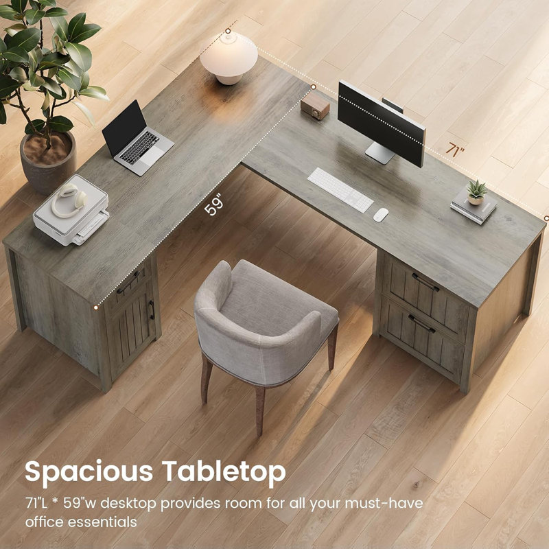 Farmhouse L Shaped Desk with 3 Drawers & Storage