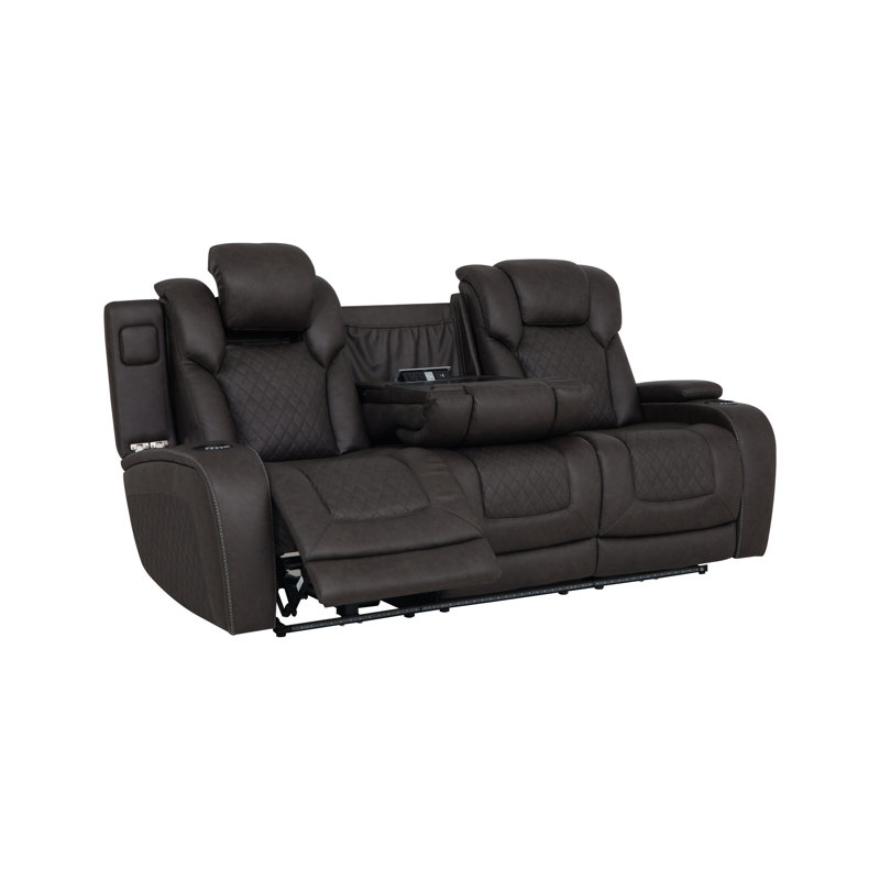 Fauteuil inclinable électrique 3 places en microfibre gris foncé avec tablette rabattable, console, système sans fil, éclairage DEL, mécanisme d'inclinaison, rangement pour coussins de dossier et de fermeture, ressorts ensachés et surmatelas.