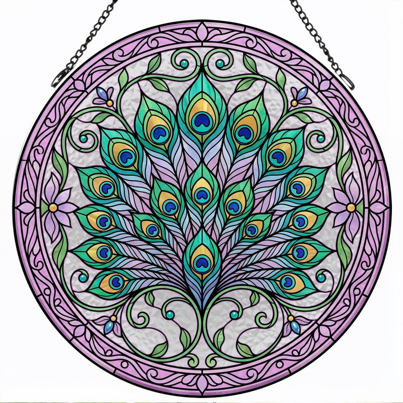 Panneau de vitrail plumes de paon, H 12 po, 12"H