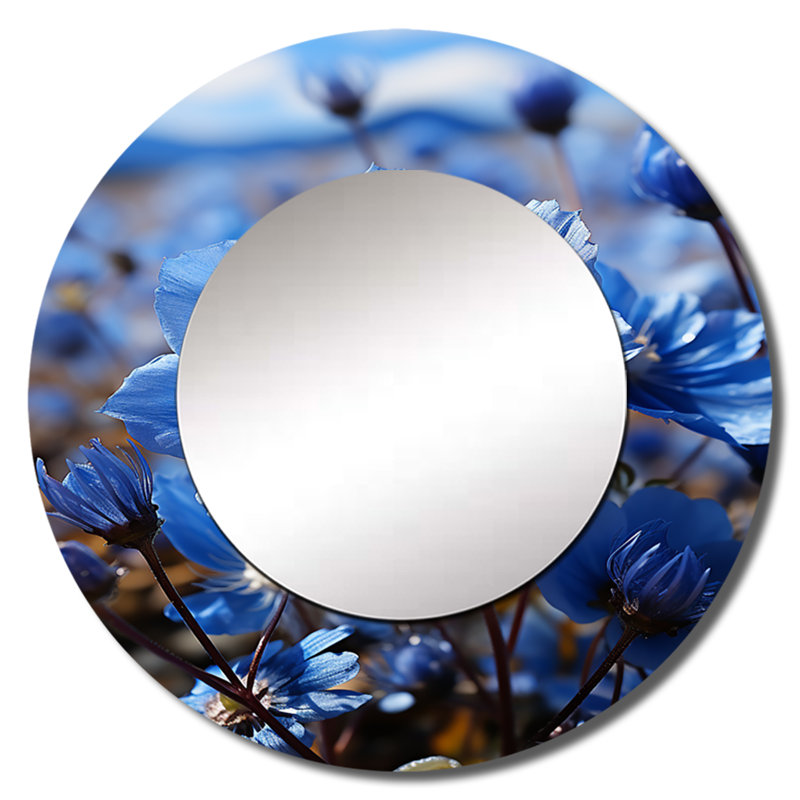 Blue Flower Cobalt Delight - miroir décoratif floral, miroir mural rond bleu, impression d'art en métal, 36 po x 36 po
