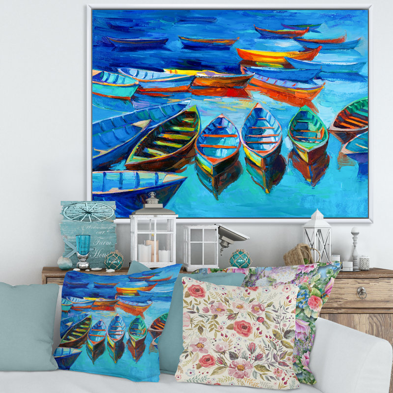 Petits bateaux dans le port - peinture sur toile, H 30 po x l 40 po x 1,5 po, Cadre flottant blanc