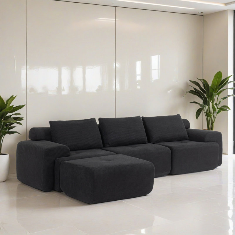 Canapé-lit modulaire 4 pièces pour salon, Velours côtelé noir