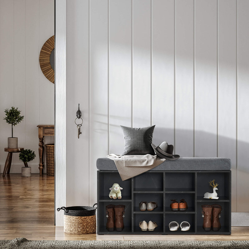 Ivinta White Shoe Storage Bench with Gray Cushion and 10 Cubbies