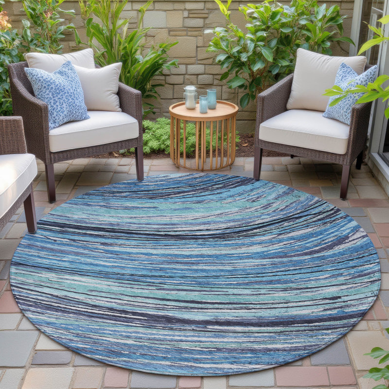 Machine Washable Indoor/Outdoor Xhevrie Blue Rug, Round 8'