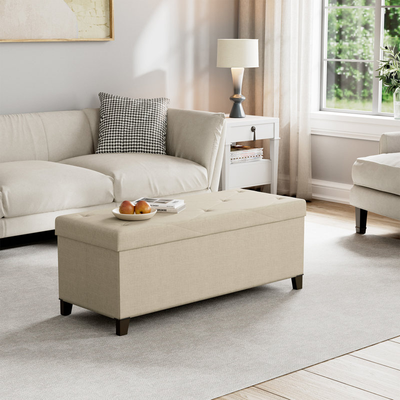 Banc de rangement rembourré avec pieds en bois massif Jenaya, Beige