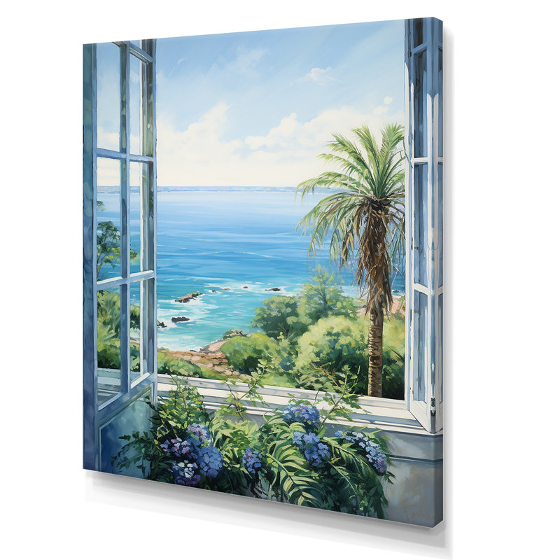 «Tropical Windows To The Beach I» - art mural de fenêtres côtières, Toile tendue, 32" H x 16" W