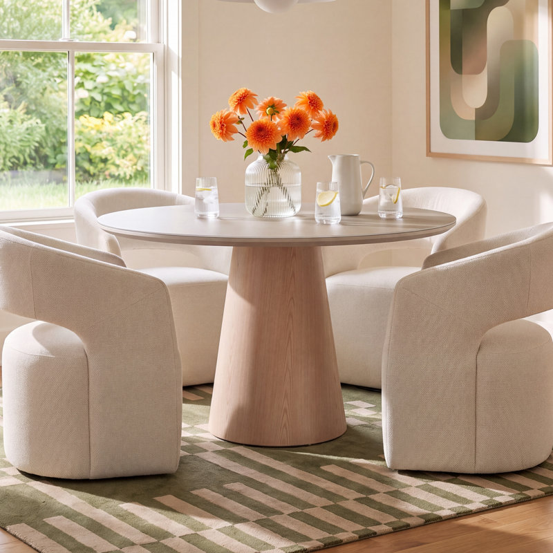 Ena 47" Glass Top Pedestal Dining Table, Off White/Nevoa