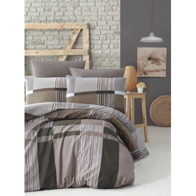 100% Cotton Ranforce Single Quilt Cover Set, Brown & Green & White & Grey | Duvet Cover 63 x 87, Flat Sheet 63 x 95, Pillowcase 20 x 28 | 145 Thread Count, Button Closure, Machine Washable | Soft & Durable Bedding