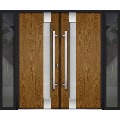 Front Exterior Prehung Metal Double Doors Deux 1713 Natural Oak Frosted Glass 2 Sidelites Exterior Black Windows Entry Modern Painted Right Inswing Active Door 96 x 80