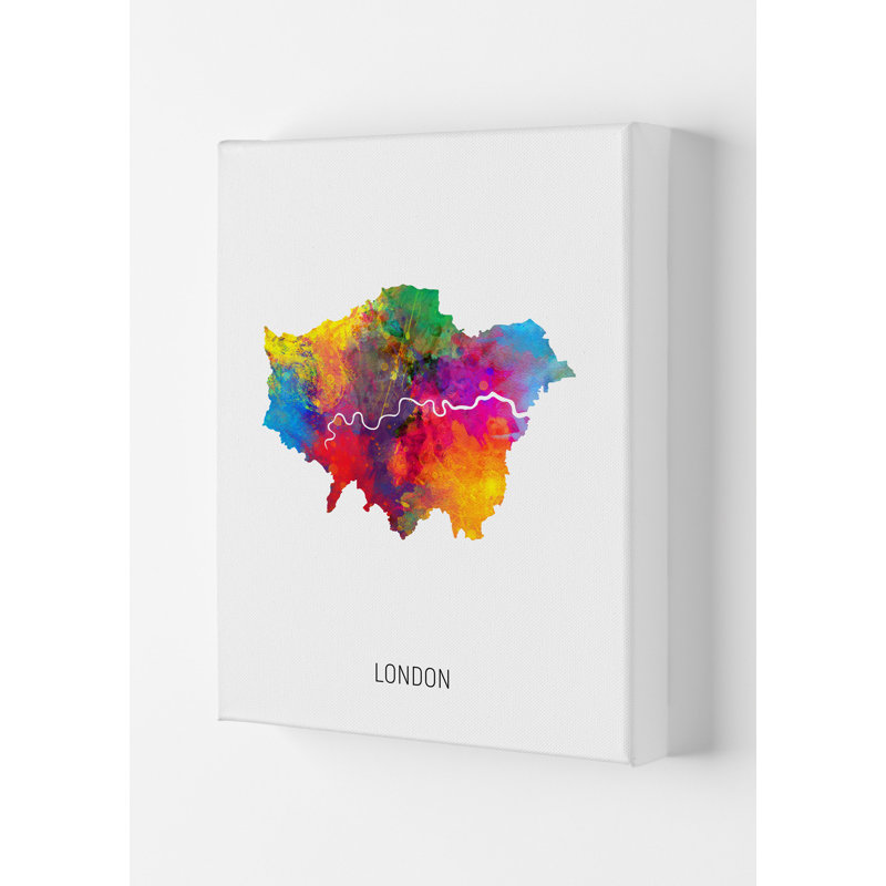 London Watercolour Map by Michael Tompsett - Print, 42cm H x 29.7cm W x 4cm D, Wrapped Canvas