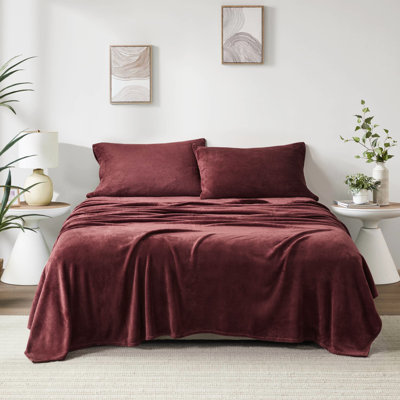 Ensemble de draps pour grand lit 4 pièces 100% ultra doux bourgogne avec draps-housses plats et 2 taies d'oreiller brossées des deux côtés Lavable à la machine