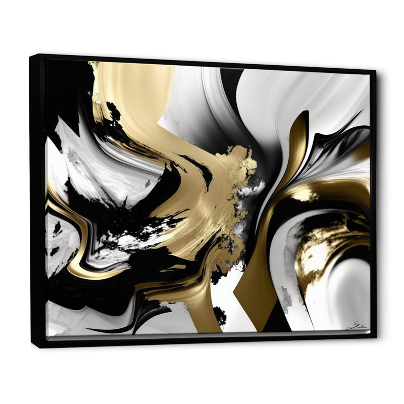 Golden Wave Reflections II - Art mural encadré abstrait, H 12 po x l 20 po x P 1 po, Cadre flottant noir