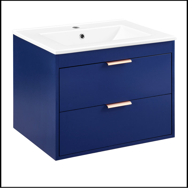 24" floating wall mounted bathroom vanity with white ceramic sink and drawer storage, Blue