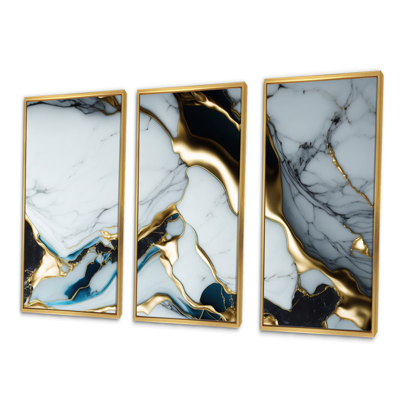 Géode abstraite dorée et marbre blanc II, reproduction sur toile 3 pièces, H 28 po x l 36 po x P 1 po, Cadre flottant doré