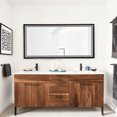 Wood Grain Aluminum Frame Led Frontlit Lighted Bathroom Vanity Mirror, Anti-fog/stepless Dimmable/3 Colors Adjustable
