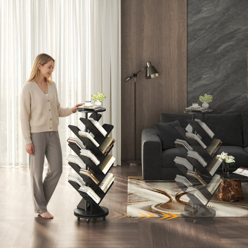 127cm H x 40cm W Metal Step Bookcase,16-Tier Tree Rotating Bookshelf, 360 Degree Spinning Standing Bookcase, Corner Bookcase with casters