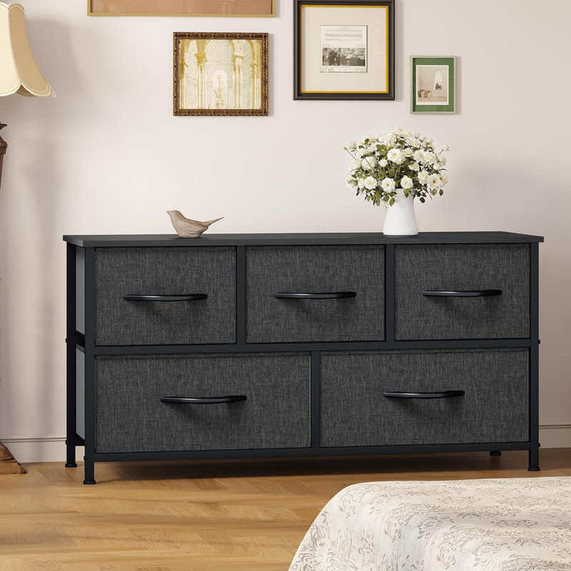 Commode de rangement avec 5 tiroirs de 2 tailles différentes, Gris foncé / Noir
