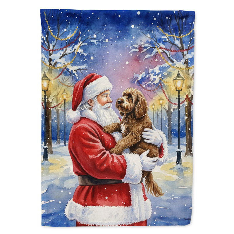 Labradoodle chocolat avec drapeau du jardin du Père Noël, Taille du jardin, Labradoodle chocolat