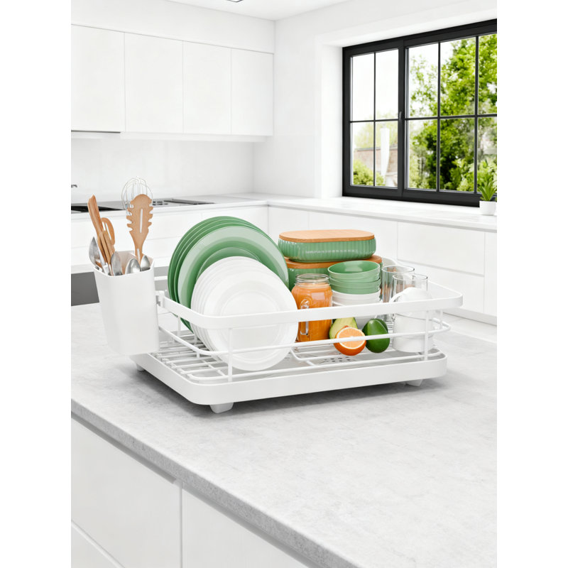 Égouttoir à vaisselle compact avec porte-ustensiles et bec verseur réglable, organisateur de comptoir de cuisine à l'épreuve de la rouille et peu encombrant