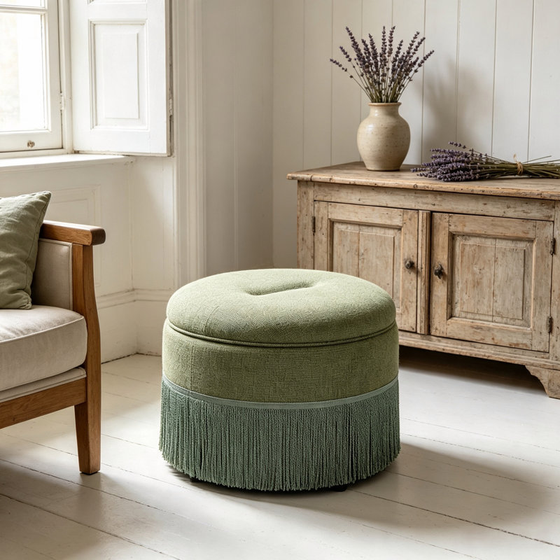 Pouf de rangement rond rembourré de 23,23 pouces avec franges, Green