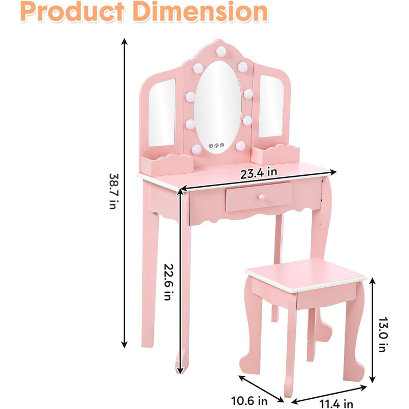 Coiffeuse pour enfants avec miroir lumineux - Petite coiffeuse et tabouret - Maquillage pour enfants avec miroir à trois volets - Tiroir et grille de rangement pour 3 à 9 ans - Rose