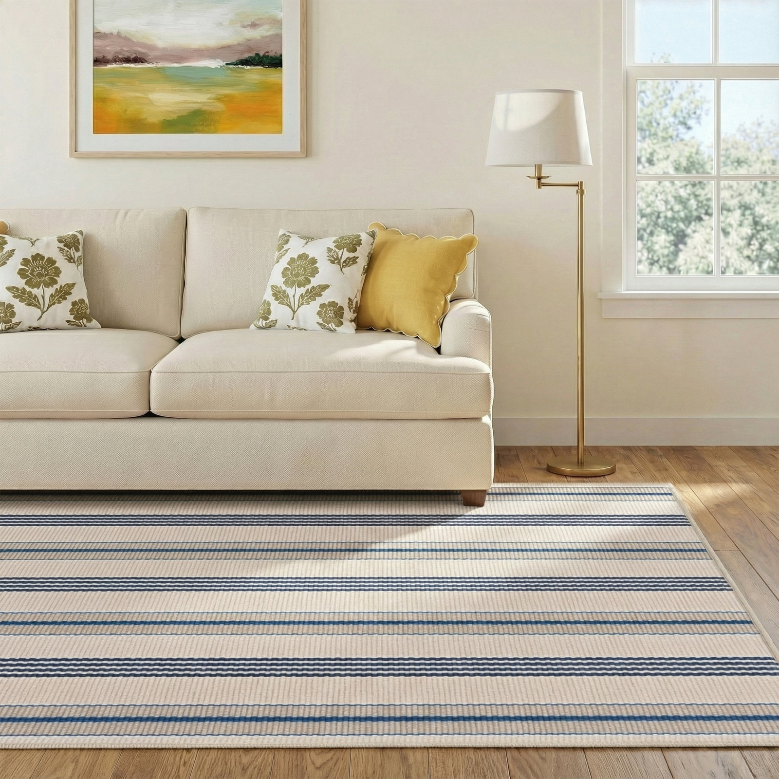 Nimes Ticking Neutral Machine Washable Rug, Rectangle 4' x 6'