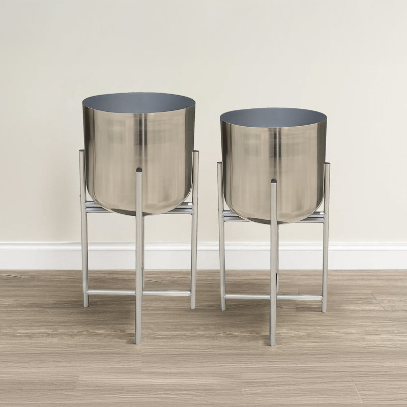 Amaratha Set of 2 Planters | 19, 22" Tall | Foldable Iron Stand | Nickel Finish, Nickel