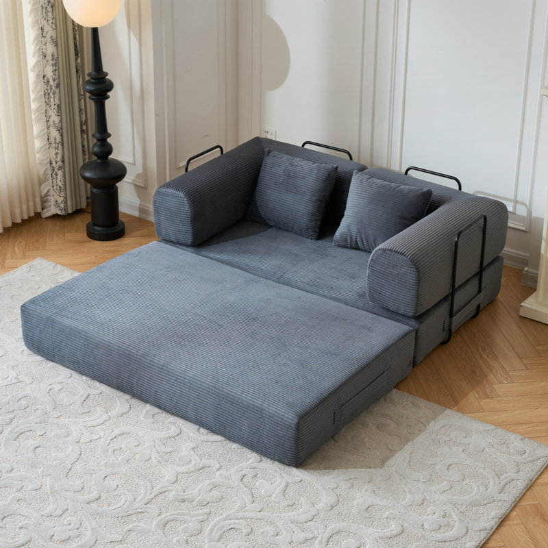 Canapé-lit convertible avec coussin cylindrique, canapé-lit pliant en velours côtelé, canapé à structure fixe en métal pour salon