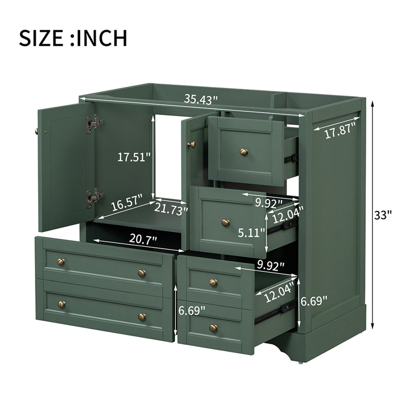 Meuble-lavabo de salle de bain sans lavabo avec 4 tiroirs de rangement et une tablette, Vert, Doré