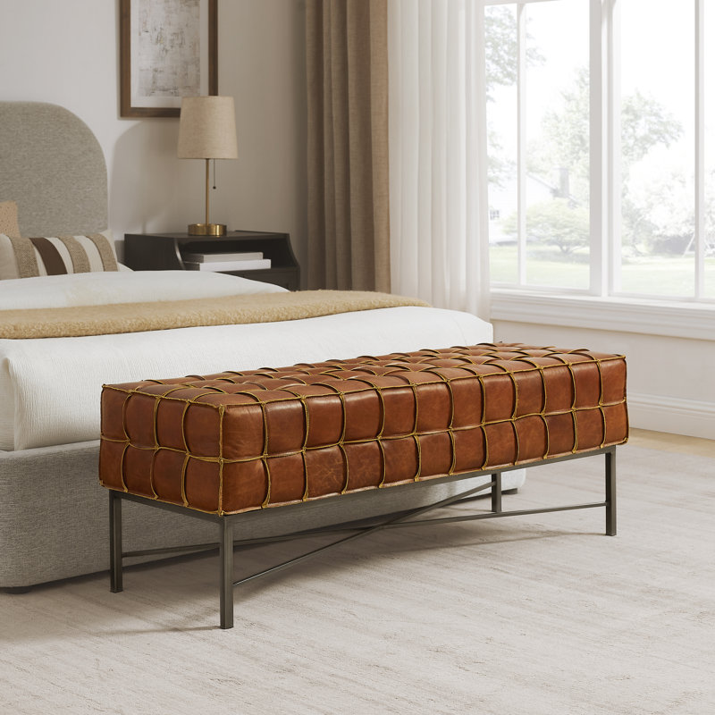 Laryn 50" W Tufted Genuine Leather Bench with Iron Frame, Cognac